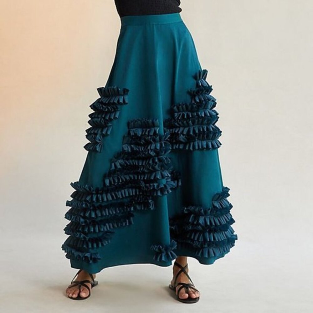 Blue Anthropologie Ruffled Satin Maxi Skirt by Geisha Designs (NWT)